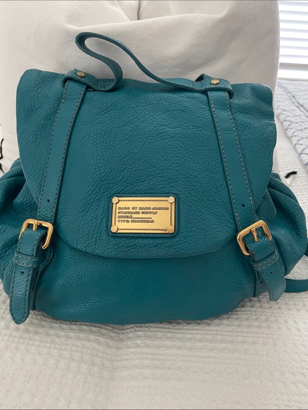 Marc by Marc Jacobs Teal Pebbled Leather Backpack with Gold Hardware